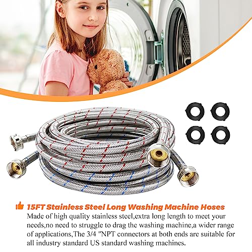 Blutoget 15ft LONG Washing Machine Hoses UPGRADE by Blutoget- Braided Stainless Steel Washer Hoses - Hot and Cold Water Lines 3/4'' Standard Interface -Burst Proof Leak Free Hose (2 Pack) - 10 YEARS GUARANTEE - Image 4