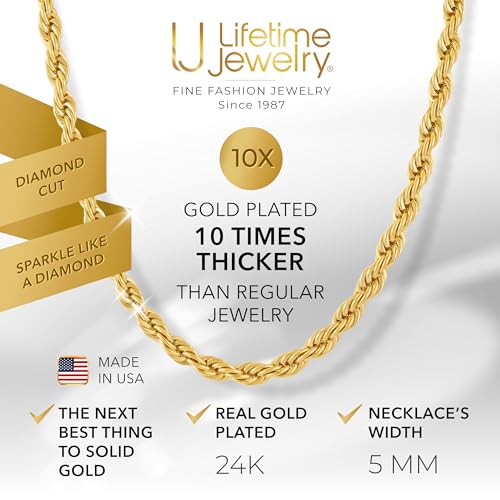 Lifetime Jewelry سلسلة ذهبية بيضاء 5 مم للرجال والنساء مطلية بالذهب عيار 24 قيراط بتصميم ماسي للسلسلة الذهبية للرجال وسلسلة عنق ذهبية للنساء من 16 إلى 36 بوصة (18 بوصة، ذهب) - Image 2