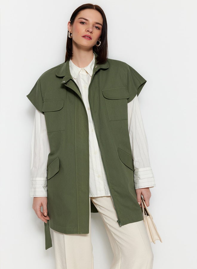 trendyol Khaki Belted Wide Shoulder Oversize Woven Vest - Image 1