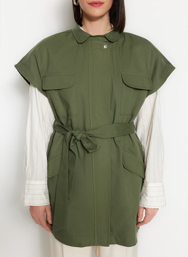 trendyol Khaki Belted Wide Shoulder Oversize Woven Vest - Image 3