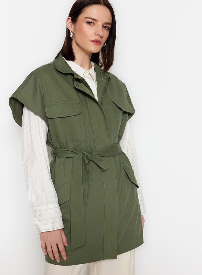 trendyol Khaki Belted Wide Shoulder Oversize Woven Vest - Image 2