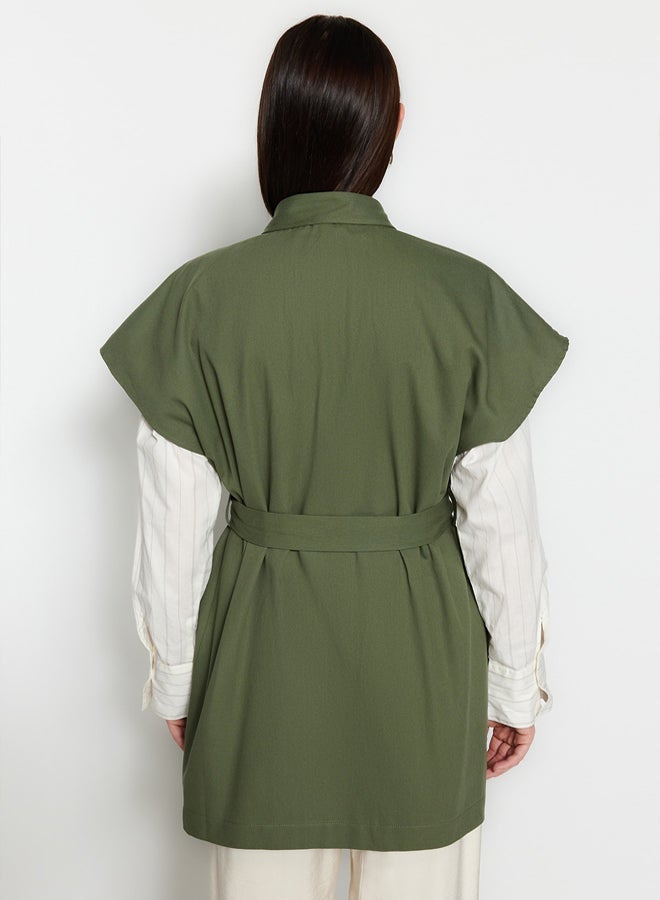 trendyol Khaki Belted Wide Shoulder Oversize Woven Vest - Image 5