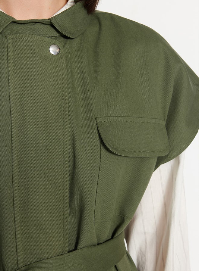 trendyol Khaki Belted Wide Shoulder Oversize Woven Vest - Image 4