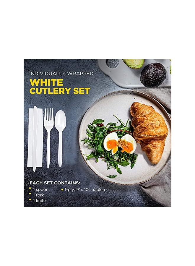 Raxoom sets-White Plastic Disposable Cutlery Set with Spoon, Knife, Fork & Napkin Set-Individually Wrapped Plastic Catering Set - Image 4