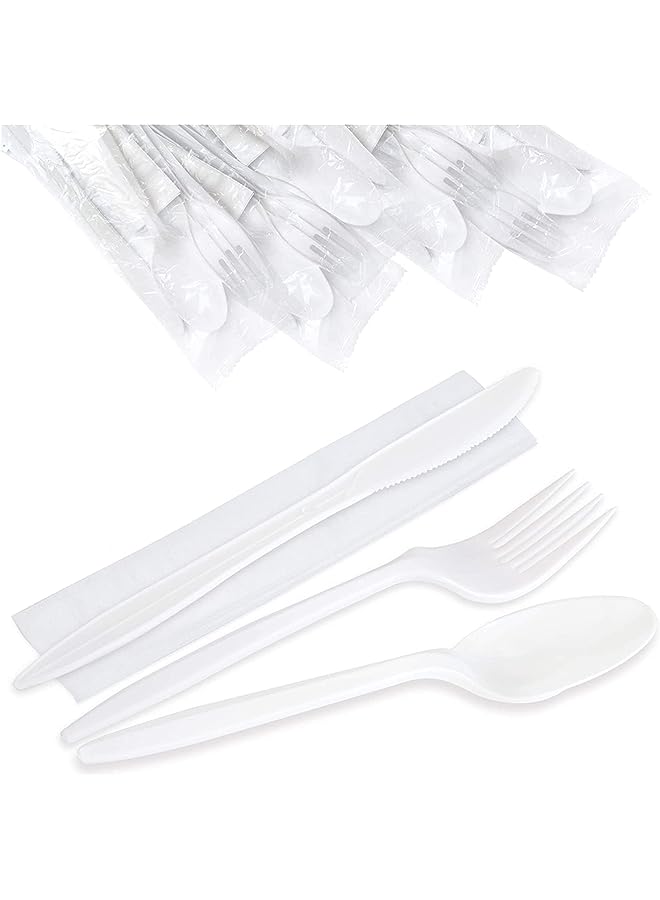 Raxoom sets-White Plastic Disposable Cutlery Set with Spoon, Knife, Fork & Napkin Set-Individually Wrapped Plastic Catering Set - Image 1
