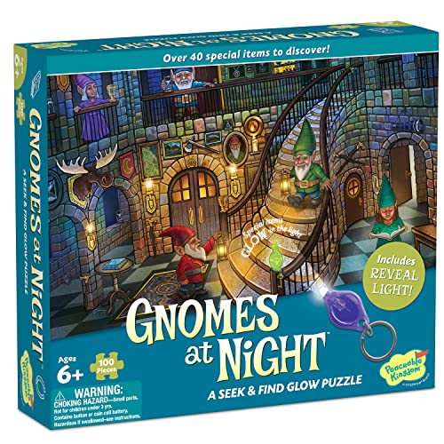 Peaceable Kingdom Gnomes at Night Puzzle  100Pc Seek  Find Glow Puzzle for Kids Ages 6  Up  Included Blacklight Reveals Hidden Items  Great for Home or Classrooms - Image 1