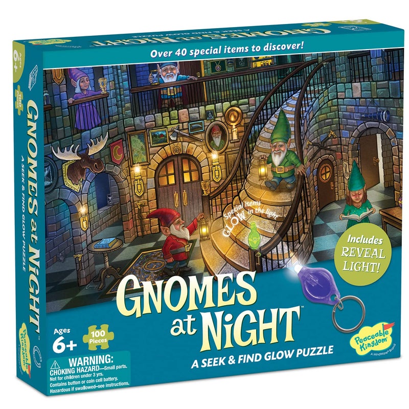 Peaceable Kingdom Gnomes at Night Puzzle  100Pc Seek  Find Glow Puzzle for Kids Ages 6  Up  Included Blacklight Reveals Hidden Items  Great for Home or Classrooms - Image 3