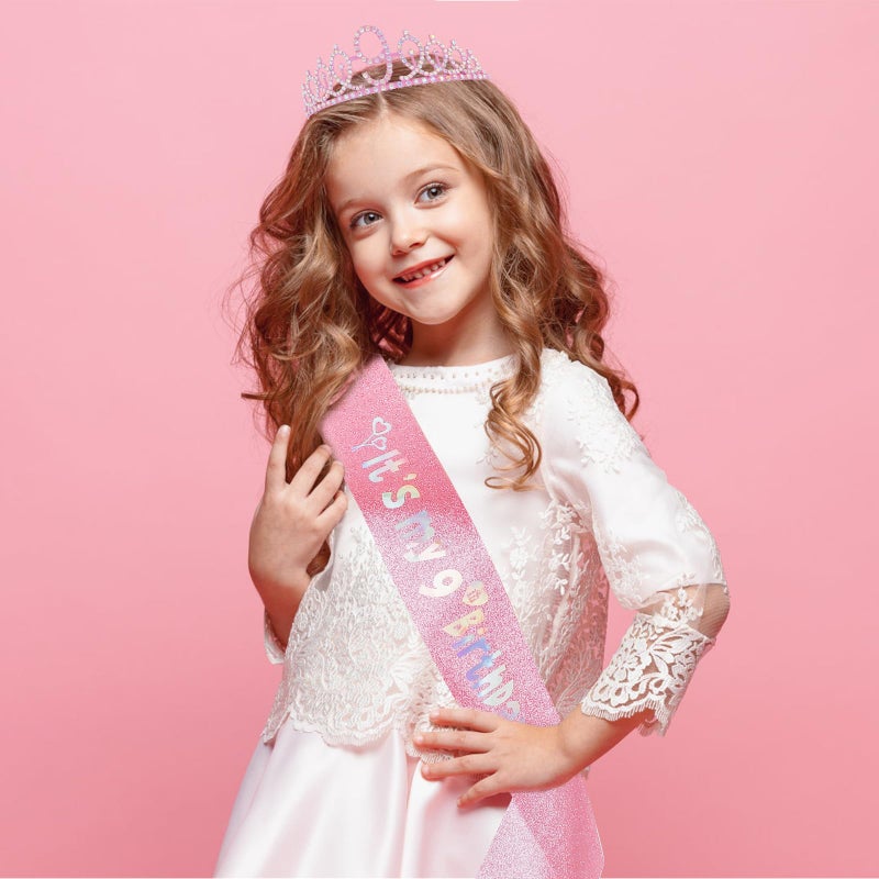 Canitor 9th Birthday Decorations for Girls Birthday Girl Crown Tiara & Glitter Sash Set for 9 Year Old Girl Gift Headband Hat - Image 4
