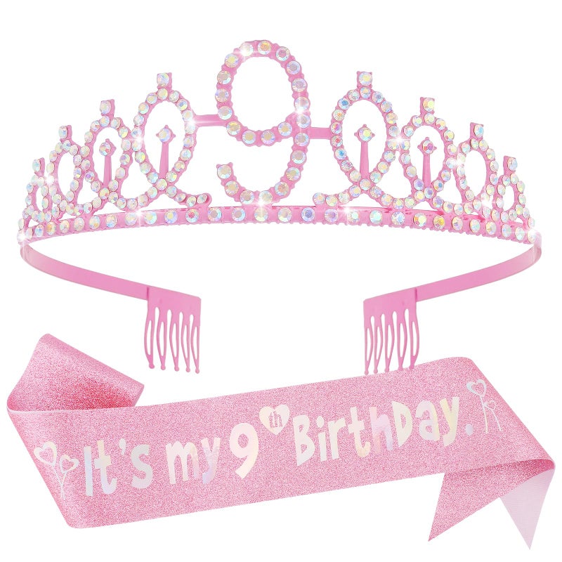 Canitor 9th Birthday Decorations for Girls Birthday Girl Crown Tiara & Glitter Sash Set for 9 Year Old Girl Gift Headband Hat - Image 1