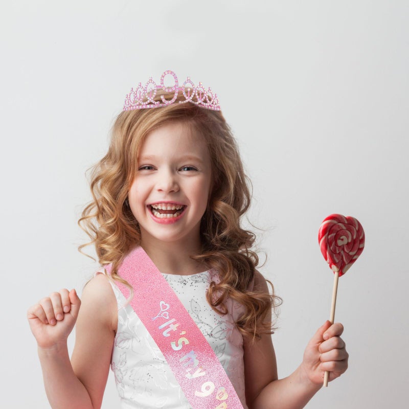 Canitor 9th Birthday Decorations for Girls Birthday Girl Crown Tiara & Glitter Sash Set for 9 Year Old Girl Gift Headband Hat - Image 3
