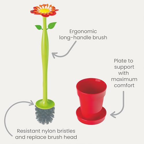 Vigar Flower Power Toilet Brush and Holder Set, Toilet Bowl Cleaner with Daisy-Shaped Handle, Flowerpot Base and Saucer, for House and Bathroom, Red - Image 3