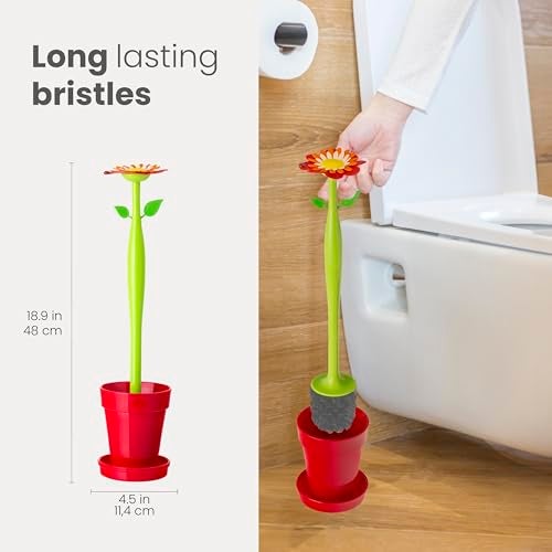 Vigar Flower Power Toilet Brush and Holder Set, Toilet Bowl Cleaner with Daisy-Shaped Handle, Flowerpot Base and Saucer, for House and Bathroom, Red - Image 2