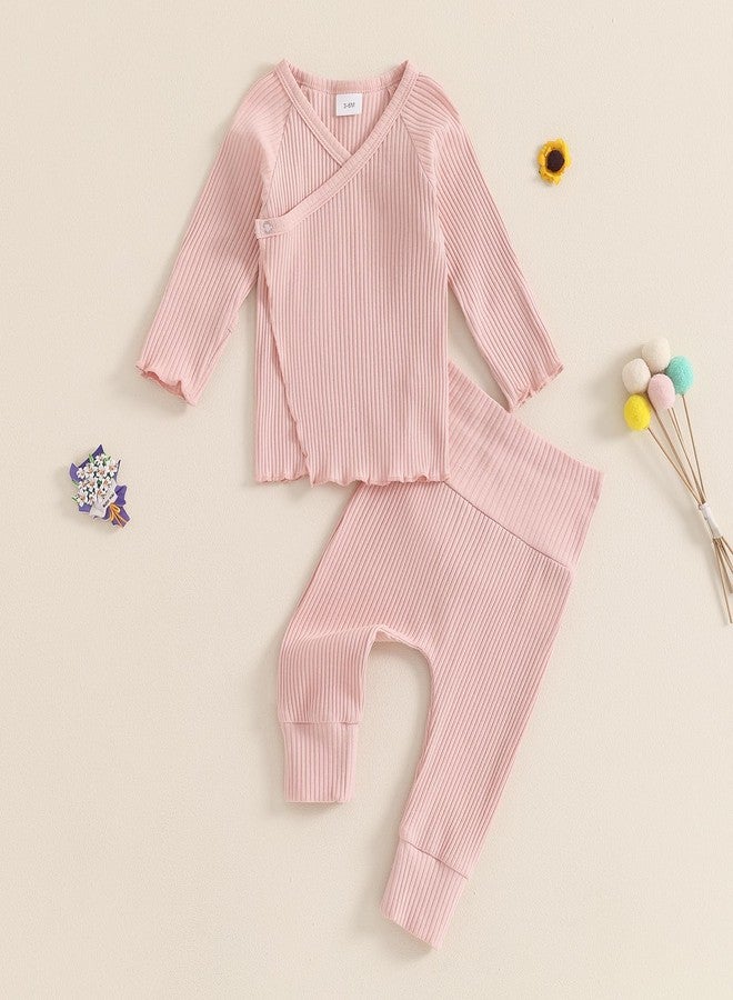 GOOCHEER 2Pcs Newborn Baby Girl Coming Home Outfit Mitten Cuffs Solid Knitted Long Sleeve T-Shirt Tops Pans Set Fall Clothes (Pink, Newborn) - Image 2