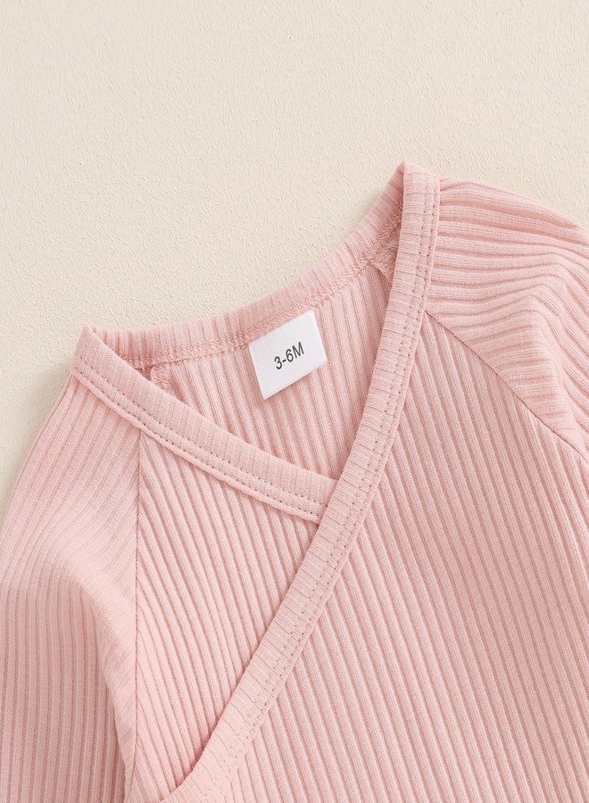 GOOCHEER 2Pcs Newborn Baby Girl Coming Home Outfit Mitten Cuffs Solid Knitted Long Sleeve T-Shirt Tops Pans Set Fall Clothes (Pink, Newborn) - Image 3