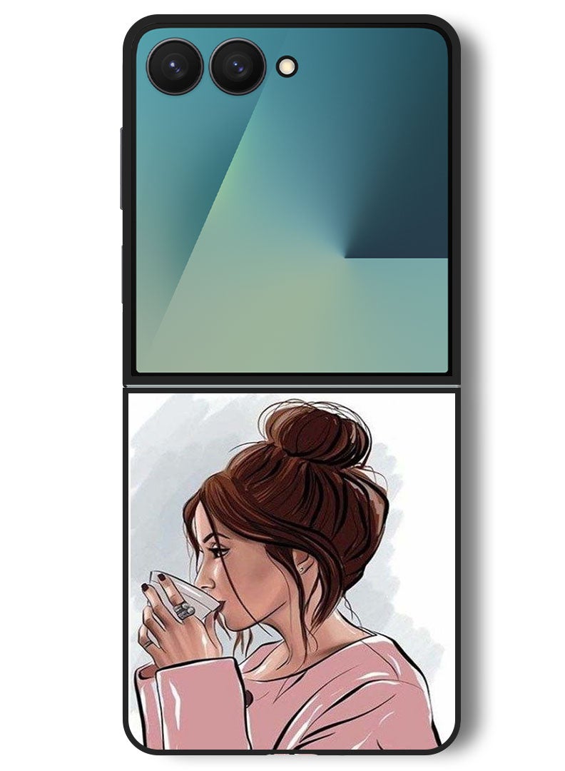 Theodor Case Compatible with Samsung Galaxy Z Flip 7 - 6.9 Inch Protection Shockproof Bumper Cover Girl Drinking Coffee 1 - Image 1