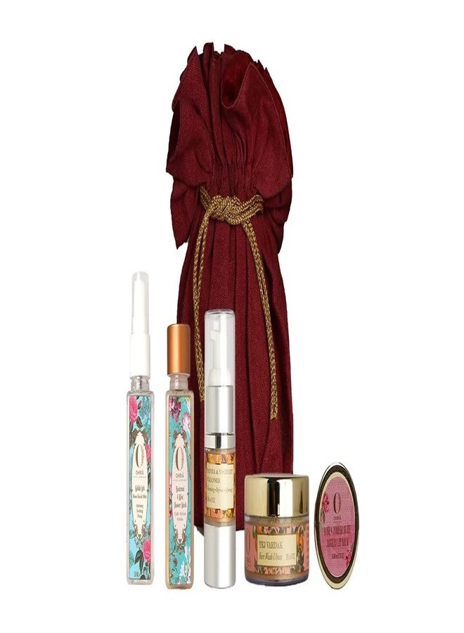Ohria Ayurveda Beauty Essentials Gift Box|Tej Vardak Face Wash Ubtan 20gm, Papaya And Yoghurt Facial Cleanser 15ml, Raatrani And Mint Shower Wash 50ml, Rose & Pomegranate Jaggery Lip Balm 8gm - Image 1