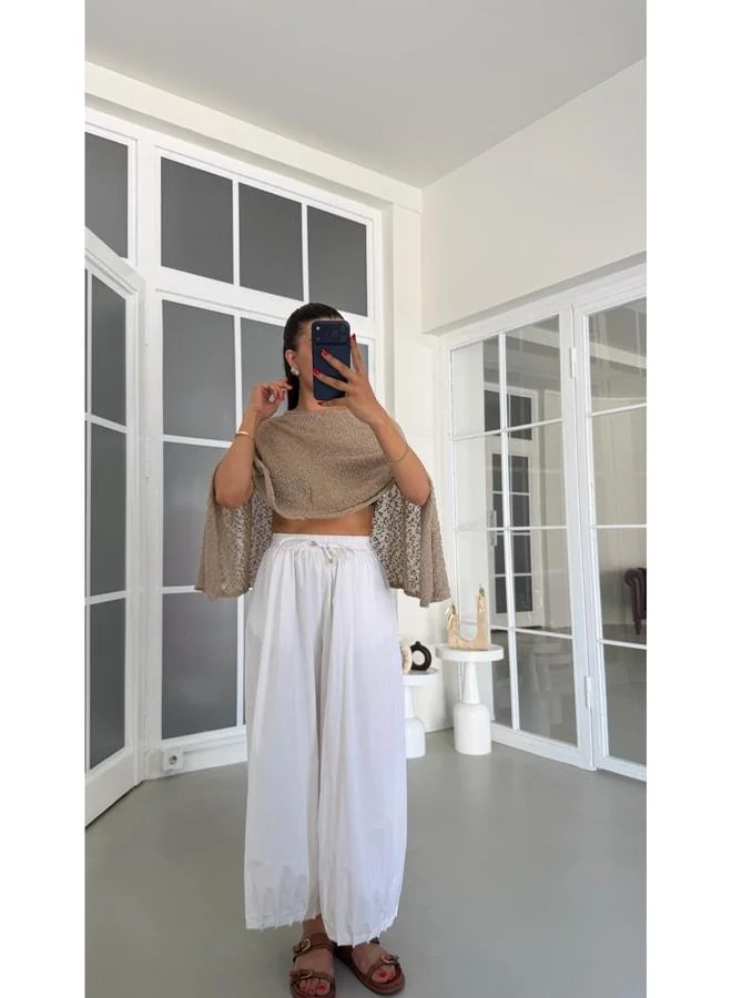 White Waist Elastic Pocketed Poplin Fabric Pants GAUS-01846.