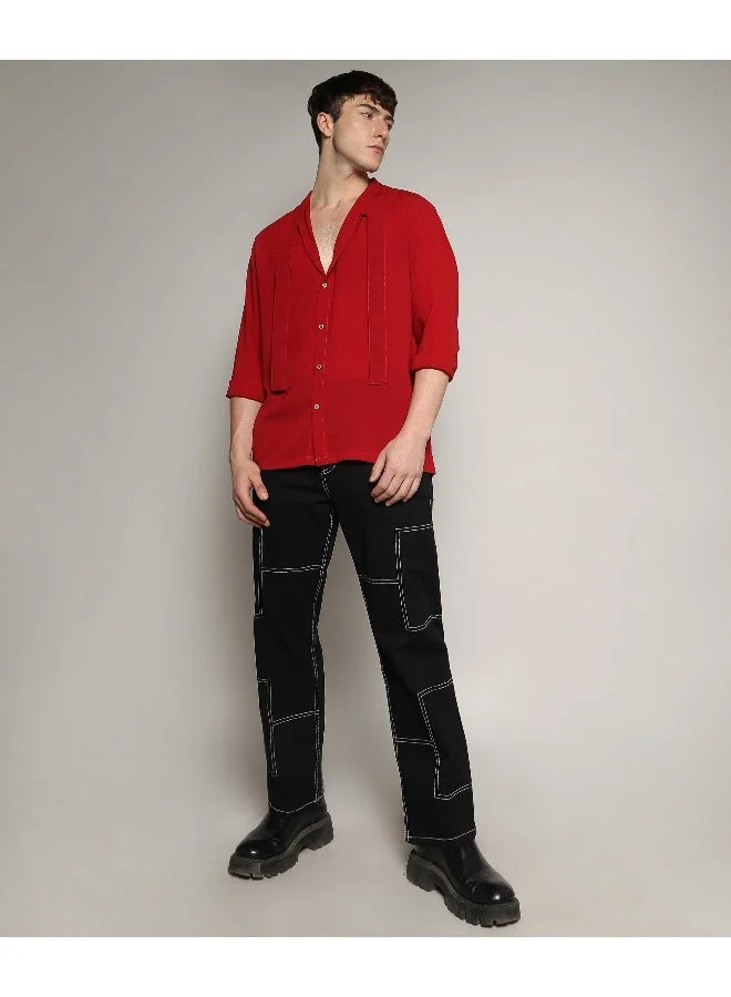 CAHOOT  Men's Crimson Red Slash Collar Shirt For Casual Wear | Spread Collar | Long Sleeve | Button Closure | Shirt Crafted With Comfort Fit For Everyday Wear for Men | Best Price UAE