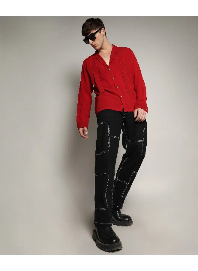 CAHOOT  Men's Crimson Red Slash Collar Shirt For Casual Wear | Spread Collar | Long Sleeve | Button Closure | Shirt Crafted With Comfort Fit For Everyday Wear for Men | Best Price UAE