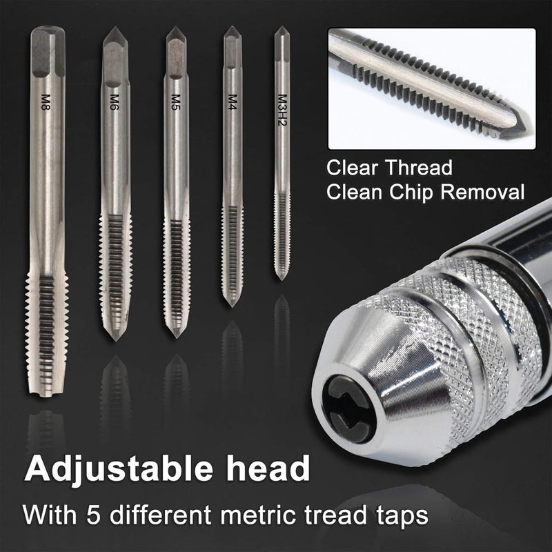 KOOTANS Adjustable T-Handle Ratchet Tap Holder Wrench + 5pcs M3 M4 M5 M6 M8 Machine Screw Thread Metric Plug T-shaped Tap, Bothway Hand Screw Tap Set Manual Tapping Tool Kit for Home Use (Long) - Image 3
