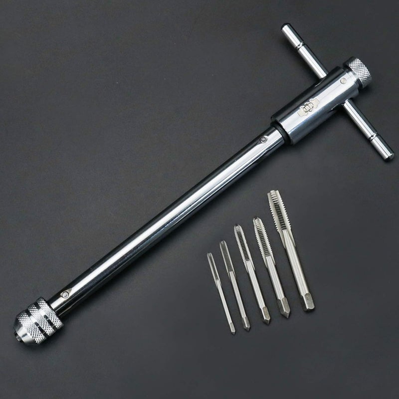 KOOTANS Adjustable T-Handle Ratchet Tap Holder Wrench + 5pcs M3 M4 M5 M6 M8 Machine Screw Thread Metric Plug T-shaped Tap, Bothway Hand Screw Tap Set Manual Tapping Tool Kit for Home Use (Long) - Image 1