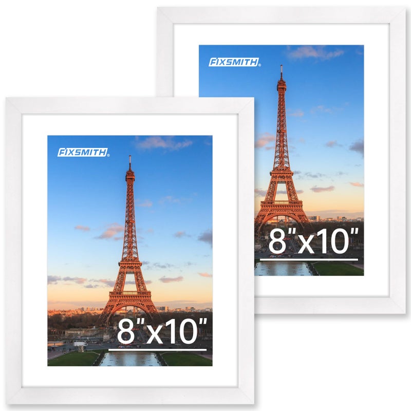 FIXSMITH 8x10 Picture Frame Set of 2  Photo Frame with HD Plexiglass  Display Pictures 5x7 with Mat or 8x10 Without Mat  White Picture Frames Collage for Tabletop or Wall Display - Image 1