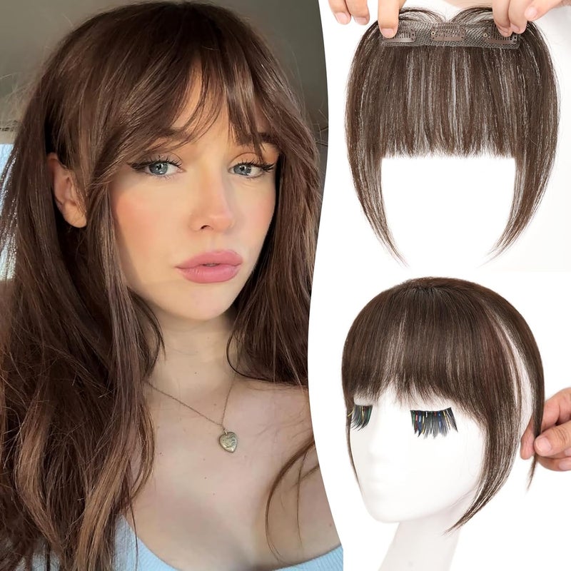 Clip in Bangs 100 Real Human Hair 3 Secure Clips in Full Fringe French Bangs Fake Bangs with Temples Hairpieces Clip on Bangs for Women Daily Wear Dark Brown