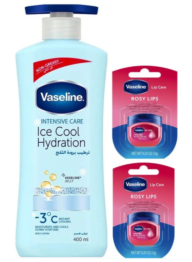 Vaseline Body Lotion Ice Cool Hydration 400 Ml plus 2Pcs Vaseline Rosy Lips - Image 1
