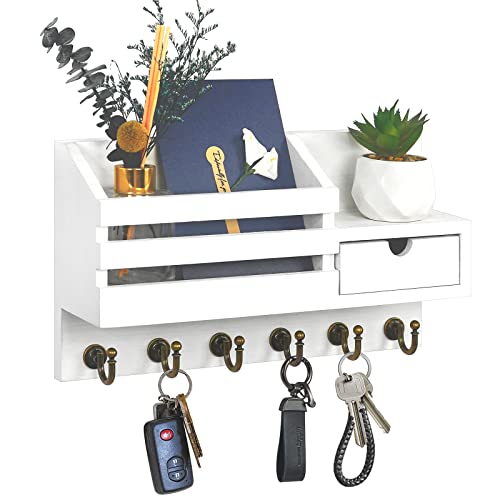 FifthQuarter Key and Mail Holder for Wall, Mail Organizer Wall Mount with 6 Hooks and Storage Drawer, Easy Installation Key Rack for Entryway and Home Decor (A-White) - Image 1