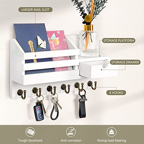 FifthQuarter Key and Mail Holder for Wall, Mail Organizer Wall Mount with 6 Hooks and Storage Drawer, Easy Installation Key Rack for Entryway and Home Decor (A-White) - Image 5