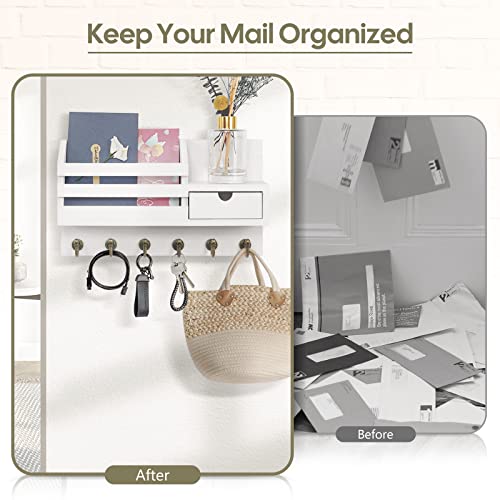 FifthQuarter Key and Mail Holder for Wall, Mail Organizer Wall Mount with 6 Hooks and Storage Drawer, Easy Installation Key Rack for Entryway and Home Decor (A-White) - Image 3