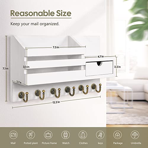 FifthQuarter Key and Mail Holder for Wall, Mail Organizer Wall Mount with 6 Hooks and Storage Drawer, Easy Installation Key Rack for Entryway and Home Decor (A-White) - Image 2