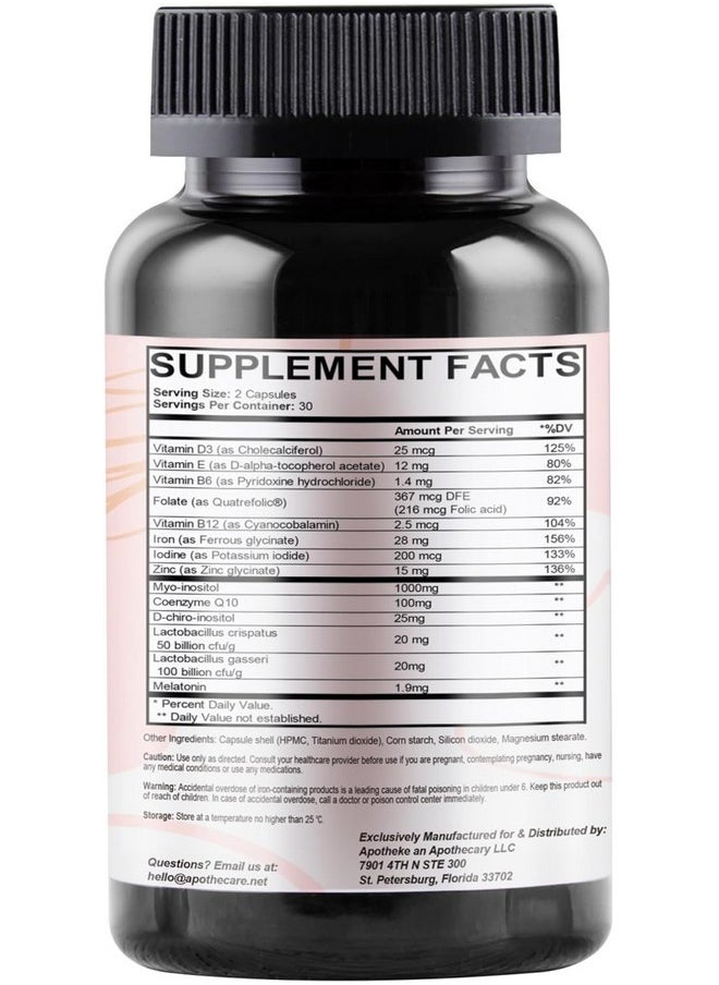 APOTHEKE AGNOSITOL Prenatal Vitamin, Vaginal Probiotic with SMART Bacteria, Fertility, Ovulation & PCOS Support, Hormone Balance & Vaginal Health Supplement. Inositol 40:1, Folic Acid, Vitamins D3 B6/1  - Image 3