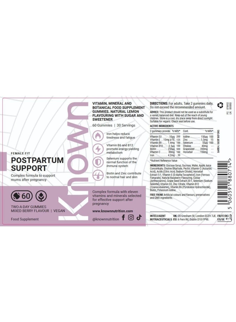 Known Postpartum Support Gummies – Mixed Berry Flavour, Vegan Multivitamin with Iron, Biotin, Choline & Vitamins for Recovery & Energy – 1 Month Supply - Image 2