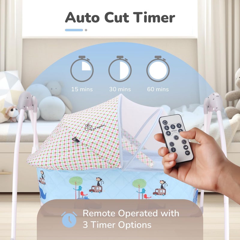 R for Rabbit Lullabies Automatic Baby Cradle with Remote Control & Mosquito Net - New Born Baby Swing Cradle (Blue) - Image 5