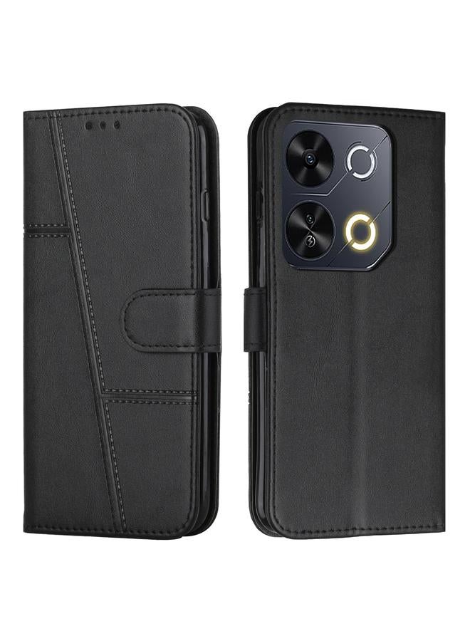 جراب هاتف من الجلد بخياطة من جلد العجل لهاتف itel P65 (أسود)