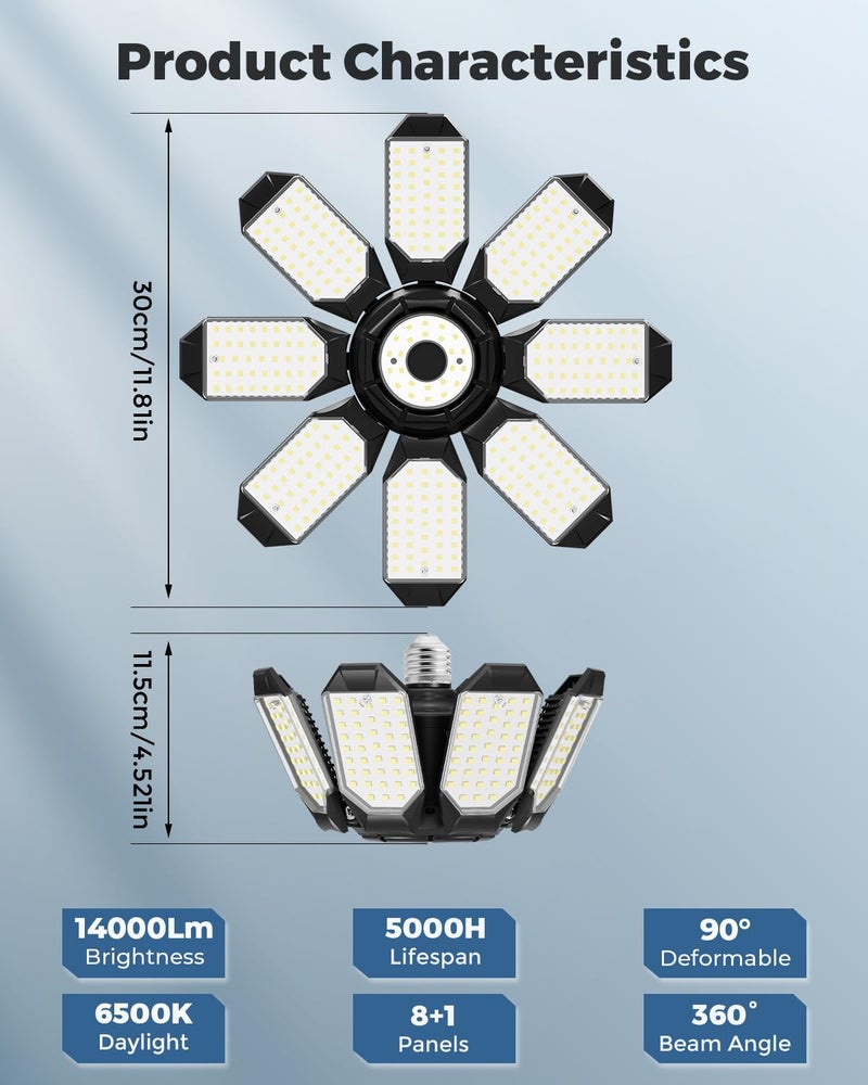 Adiding LED Garage Ceiling Lights 2 Pack w/ 8+1 Adjustable Panel, Super Bright 28000LM Deformable Basement Light Bulb Fixture Screw in E26 Socket Base for Indoor Workshop Attic Gym Bay Laundry Utility - Image 2