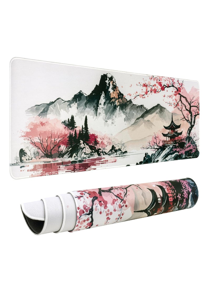 Excefore Mouse Pad, (80 x 30cm) Extended Large Mouse Mat Desk Pad, Stitched Edges Mousepad, Desk Mat Gaming Mat Non-Slip Rubber Base, XL Gaming Mouse Pad for Office & Home - Sakura Ink Painting - Image 1