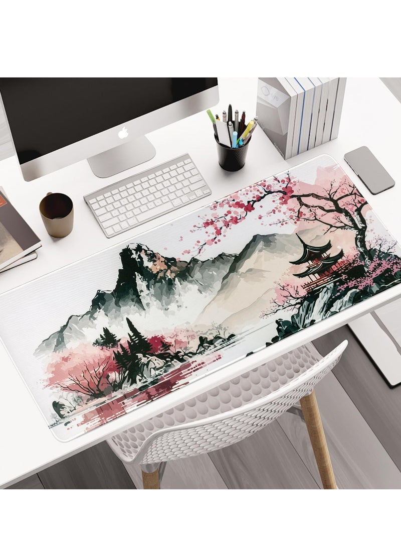 Excefore Mouse Pad, (80 x 30cm) Extended Large Mouse Mat Desk Pad, Stitched Edges Mousepad, Desk Mat Gaming Mat Non-Slip Rubber Base, XL Gaming Mouse Pad for Office & Home - Sakura Ink Painting - Image 5