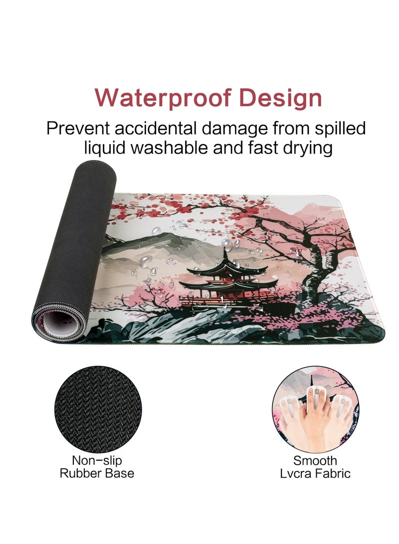 Excefore Mouse Pad, (80 x 30cm) Extended Large Mouse Mat Desk Pad, Stitched Edges Mousepad, Desk Mat Gaming Mat Non-Slip Rubber Base, XL Gaming Mouse Pad for Office & Home - Sakura Ink Painting - Image 3