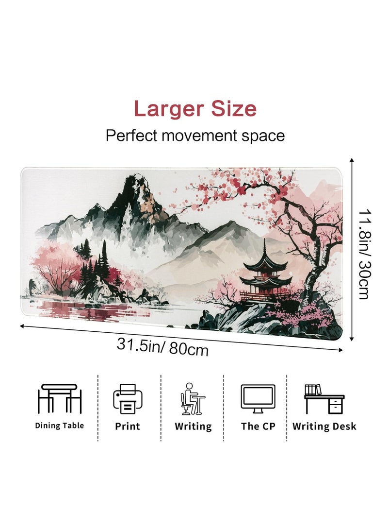 Excefore Mouse Pad, (80 x 30cm) Extended Large Mouse Mat Desk Pad, Stitched Edges Mousepad, Desk Mat Gaming Mat Non-Slip Rubber Base, XL Gaming Mouse Pad for Office & Home - Sakura Ink Painting - Image 2