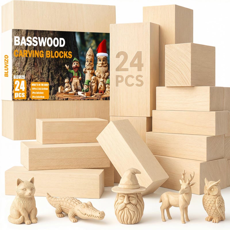 Bluvizo Basswood Carving Blocks 24PCS: Whittling Wood Blocks Wood Carving Kit with 3 Different Sizes - Soft Woodworking Blanks for DIY Crafts Beginners Adults - Image 1