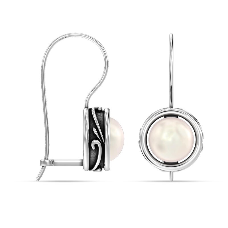 LeCalla 925 Sterling Silver Antique Oxidised White Pearl Drop Earrings Jewelry Italian Design Round Freshwater Cultured Pearl Fish Hook Earrings for Women 26MM - Image 2