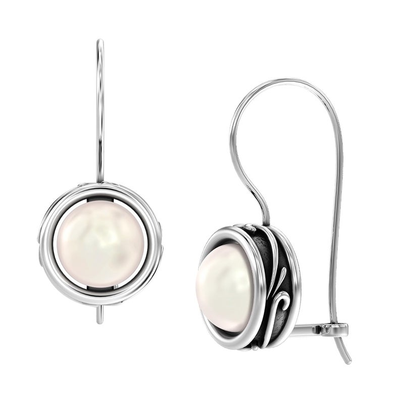 LeCalla 925 Sterling Silver Antique Oxidised White Pearl Drop Earrings Jewelry Italian Design Round Freshwater Cultured Pearl Fish Hook Earrings for Women 26MM - Image 1