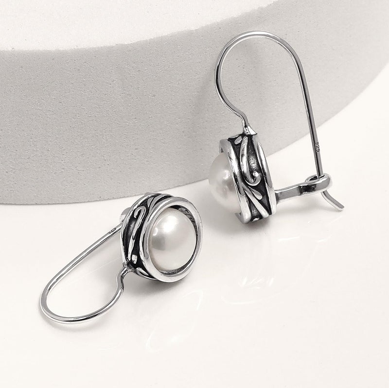LeCalla 925 Sterling Silver Antique Oxidised White Pearl Drop Earrings Jewelry Italian Design Round Freshwater Cultured Pearl Fish Hook Earrings for Women 26MM - Image 4