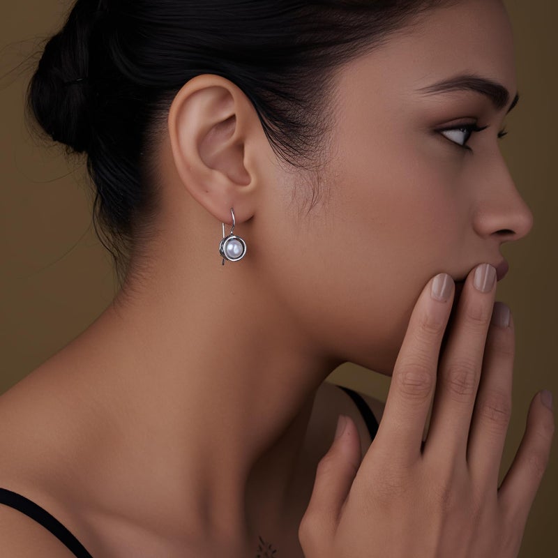 LeCalla 925 Sterling Silver Antique Oxidised White Pearl Drop Earrings Jewelry Italian Design Round Freshwater Cultured Pearl Fish Hook Earrings for Women 26MM - Image 3