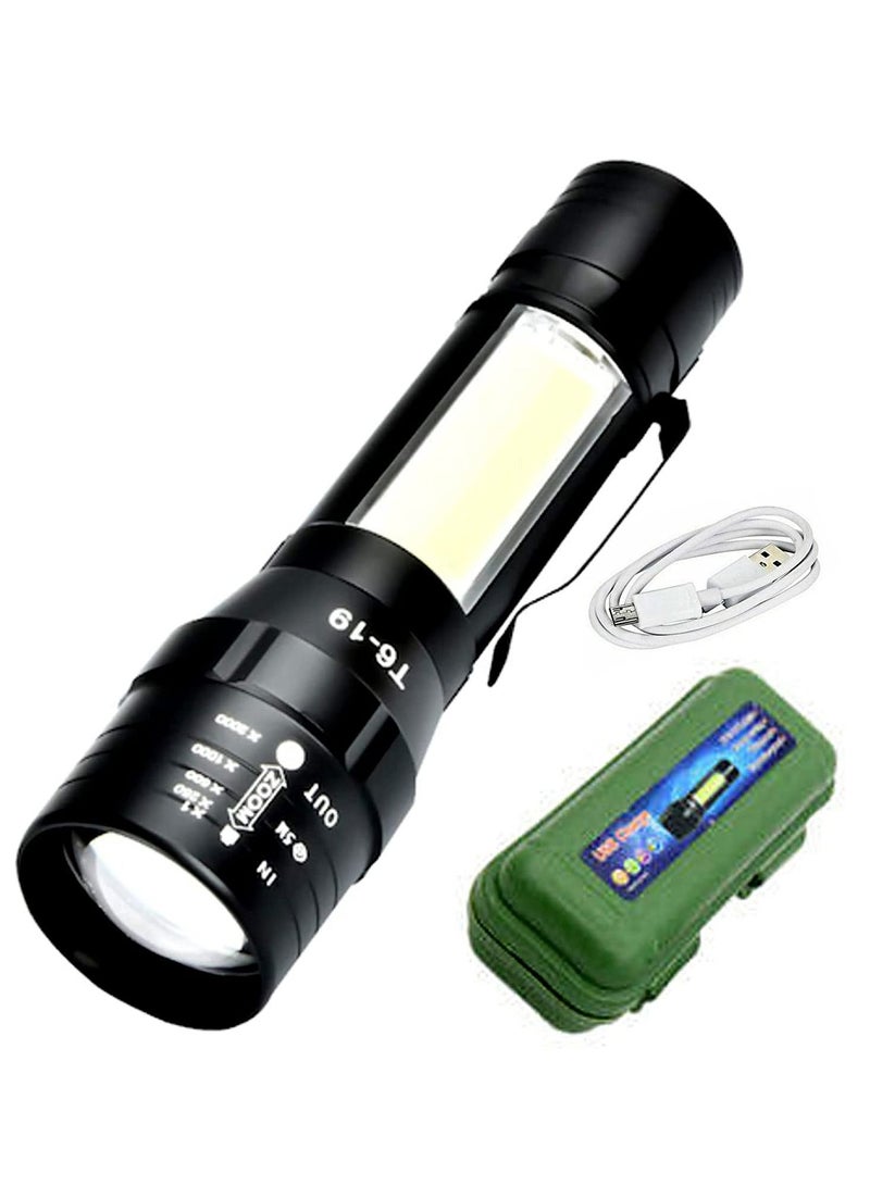 360 Flashlight with Side Light COB LED USB Rechargeable Super Bright Torch, Outdoor Emergency Lighting - Black (smal) - Image 1