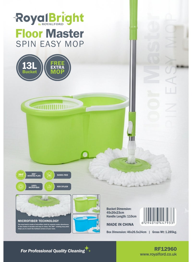 Royalford Easy Wring & Clean Spin Mop & Bucket Set with Free extra Mop Head RF12960 Turbo Refill 100% Microfibre Mop Head 110cm Handle Floor Mop with Spinning Wringer Assorted Color Sets - Image 2