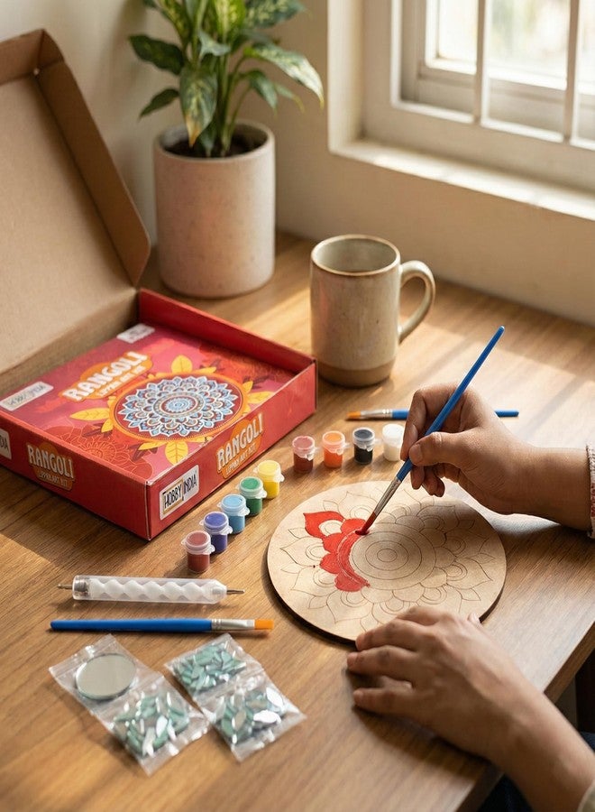 HOBBY INDIA Lippan Art and Craft Materials Kit for Adults and Beginners I Premarked MDF Board Mandala Art Painting DIY Kit for Room Wall Hanging Office and Home Decoration (Rangoli) - Image 4