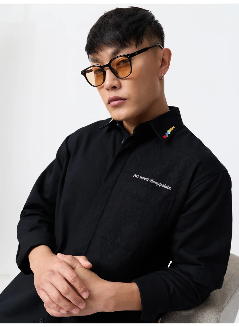 The Souled Store  The Souled Store: Art Is Love Men and Boys Long Sleeve Spread Collar Black Embroidered Cotton Relaxed Shirt  | Best Price UAE